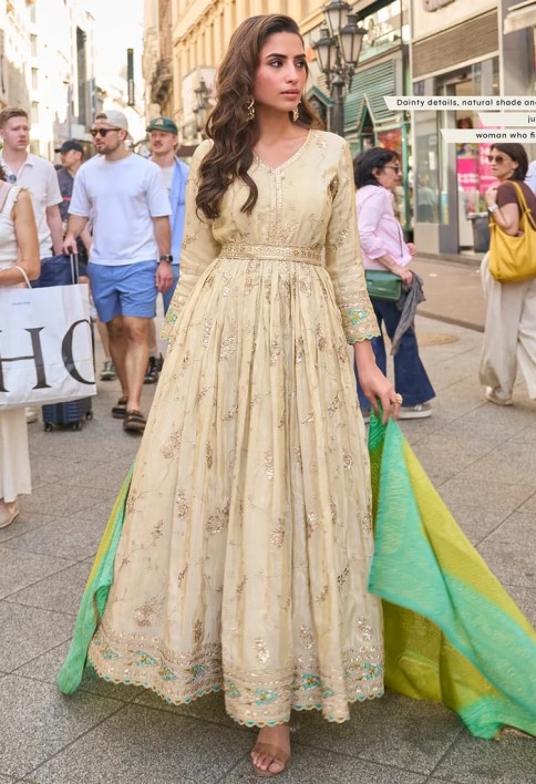 Designer Beige Embroidered Indo Western Simar Silk Anarkali Gown